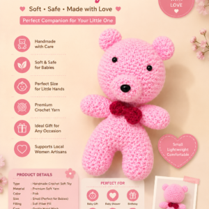 Crochet Teddy Bear for Babies | Handmade Pink Soft Toy | Small Knitted Plush Doll for Kids
