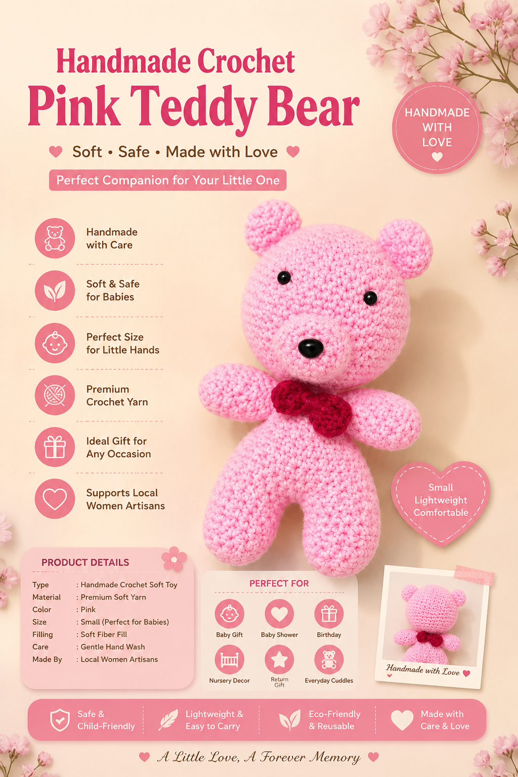 Crochet Teddy Bear for Babies | Handmade Pink Soft Toy | Small Knitted Plush Doll for Kids