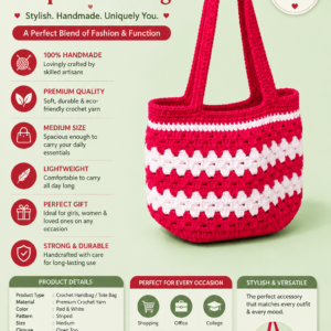 Crochet Striped Handbag for Girls & Ladies | Handmade Red White Shoulder Tote Bag