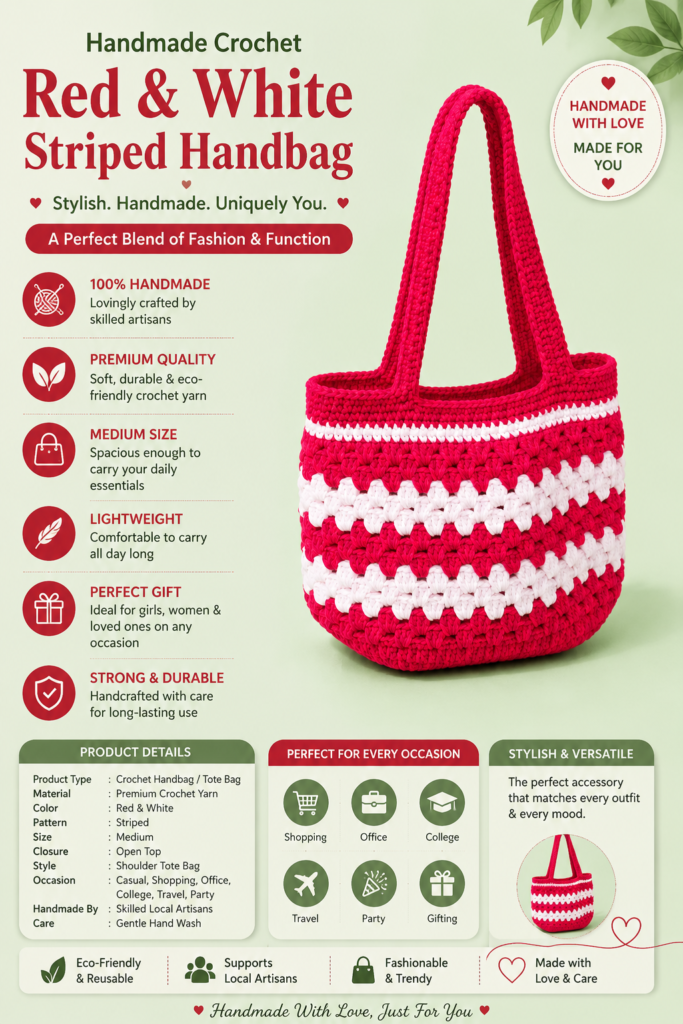 Crochet Striped Handbag for Girls & Ladies | Handmade Red White Shoulder Tote Bag