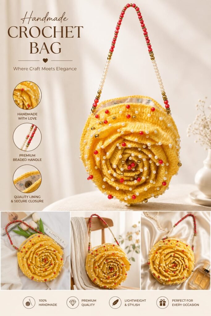 Floral Rose Bag for Girls | Handbags | Yellow Floral Crochet Bag | Handmade | All Occasions Bag